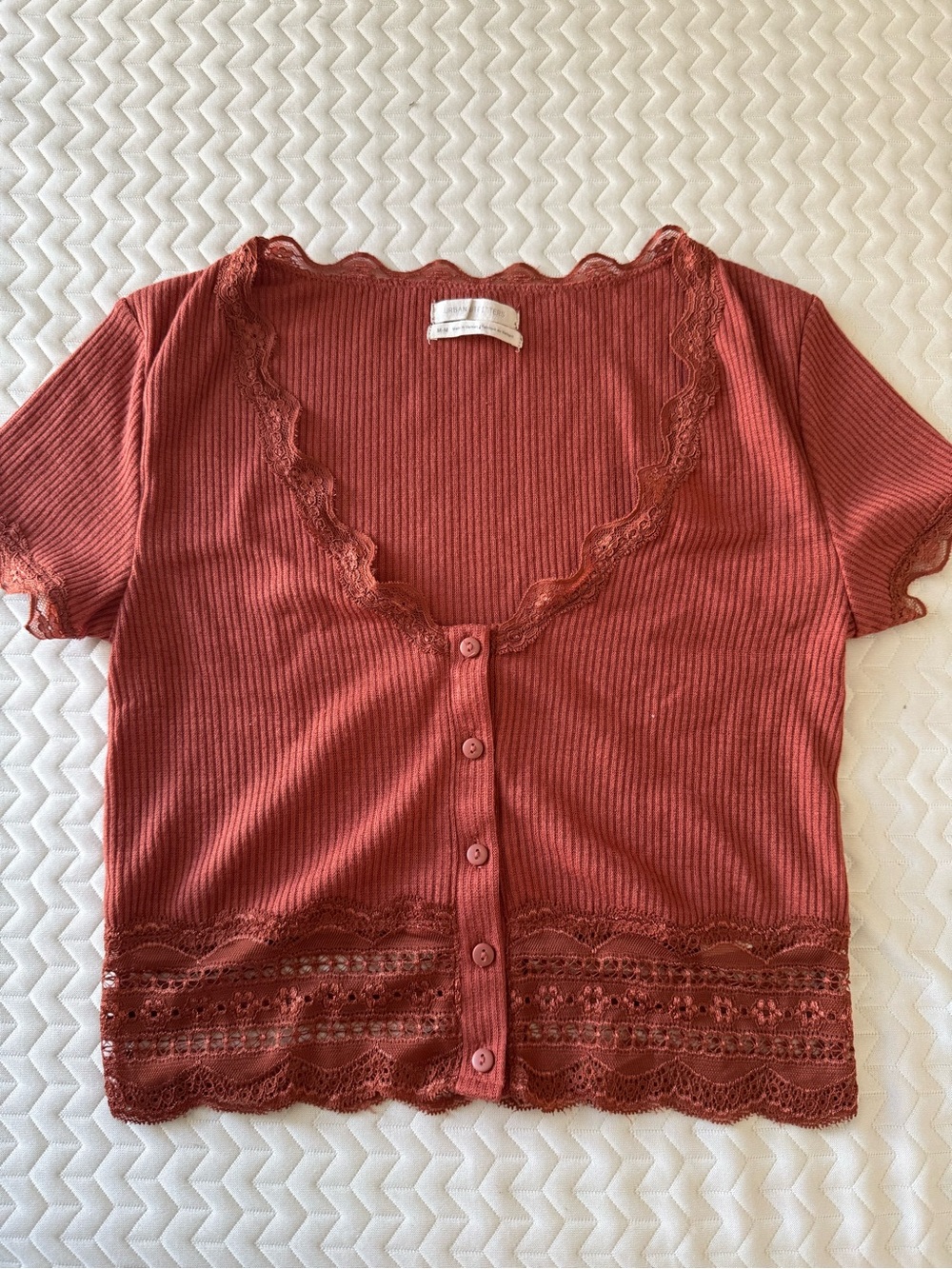 Urban Outfitters Rust Ribbed Lace-Trim Crop Top